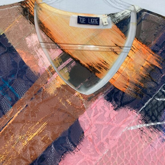Top Ligne size Small Colorful Abstract Stretch Knit Mesh Accents Artsy Blouse - Picture 3 of 12